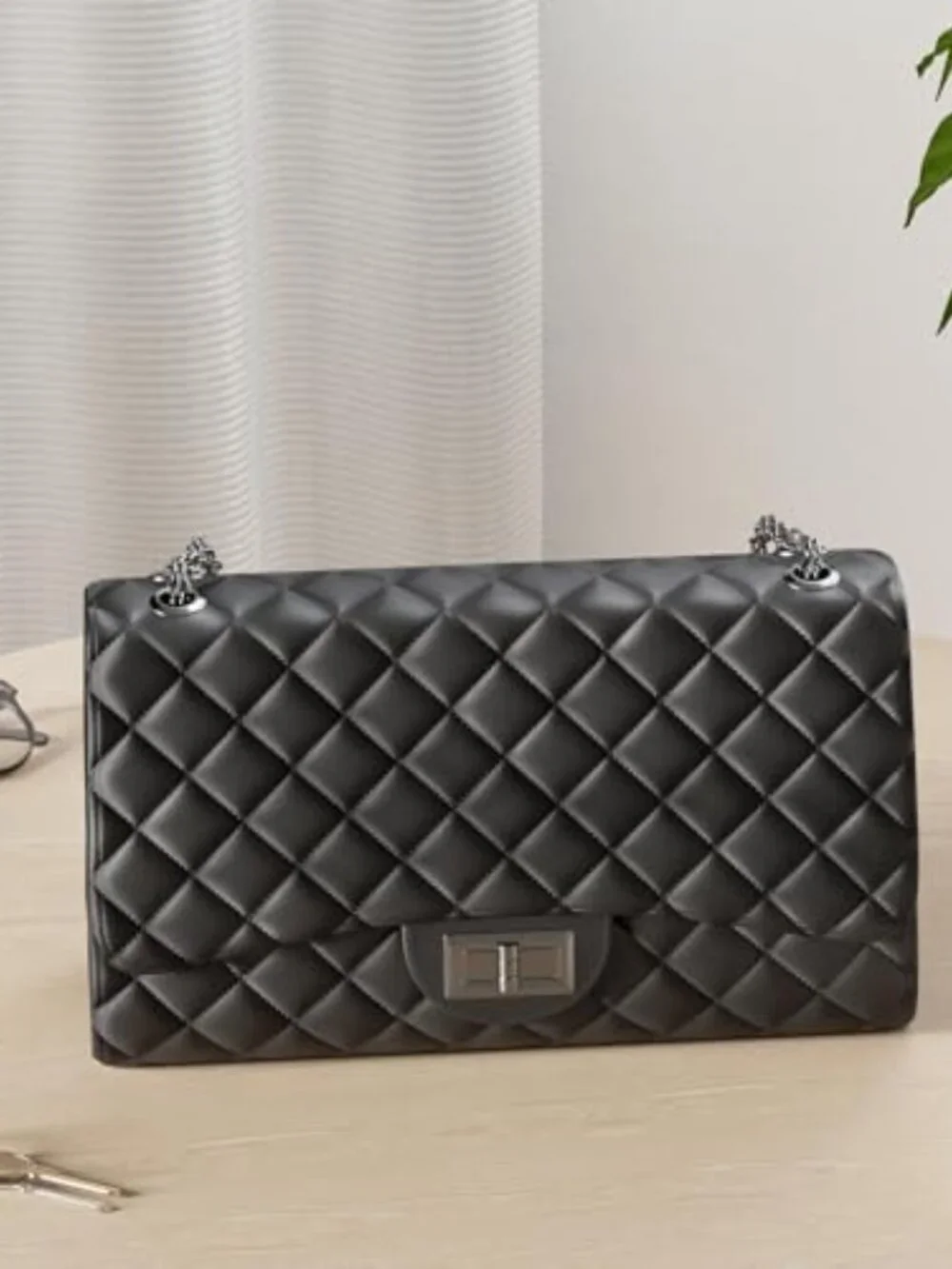 Quilted Crossbody Purse with Chain Strap, Faux Leather, Adjustable Shoulder Bag
